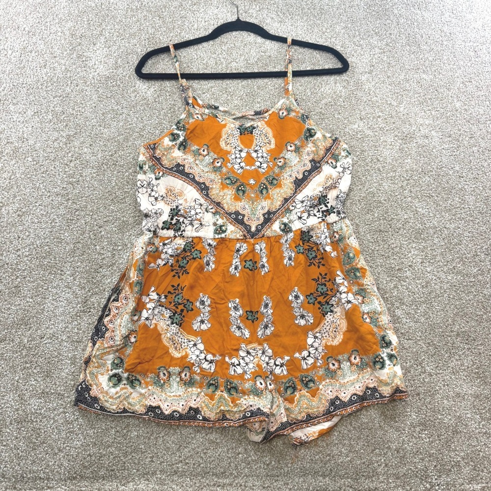 Angie Womens XL Orange Bohemian Floral Paisley Rayon Spaghetti Strap Romper